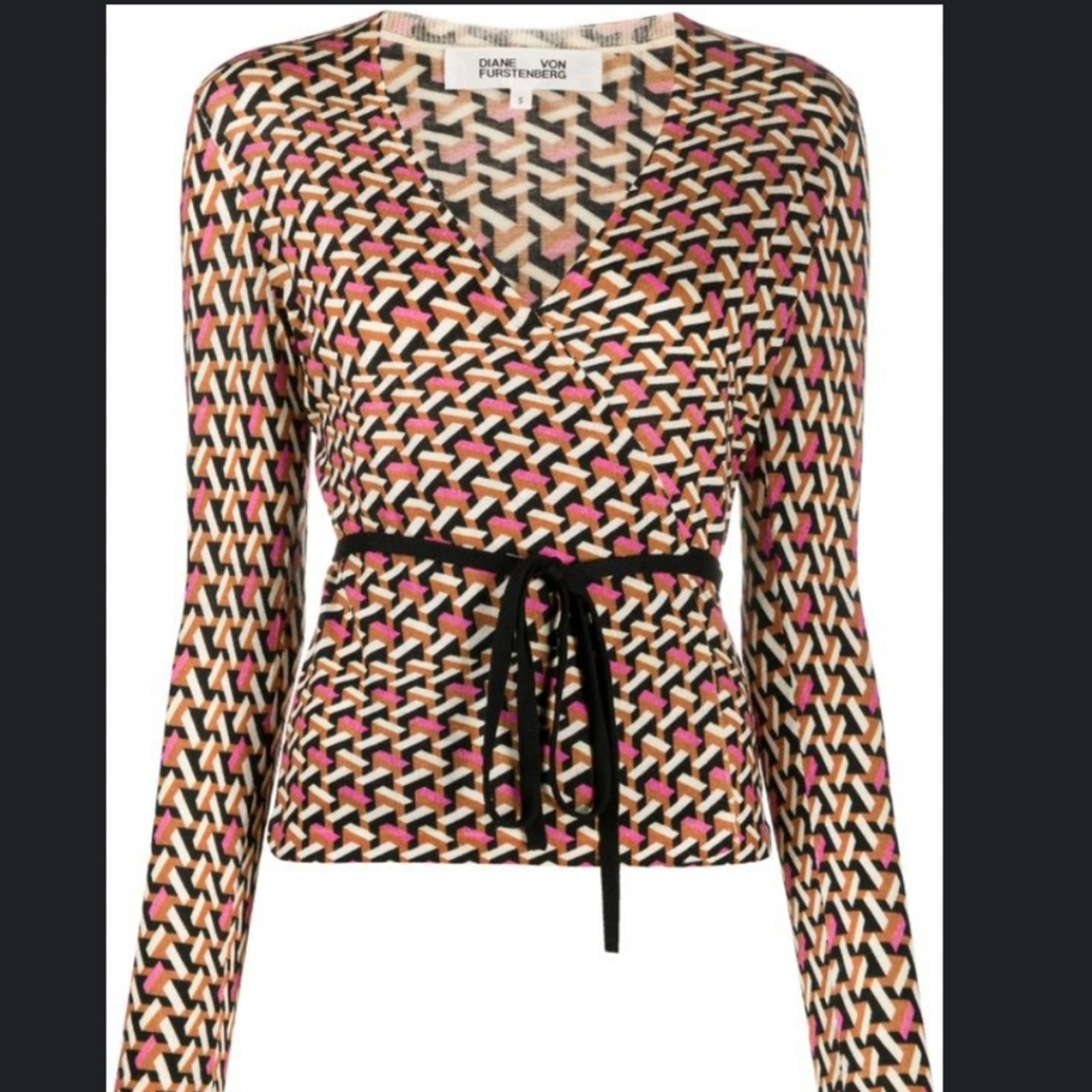 Diane Von Furstenberg Merino Wool Geometric Pattern Wrap Cardigan S Small